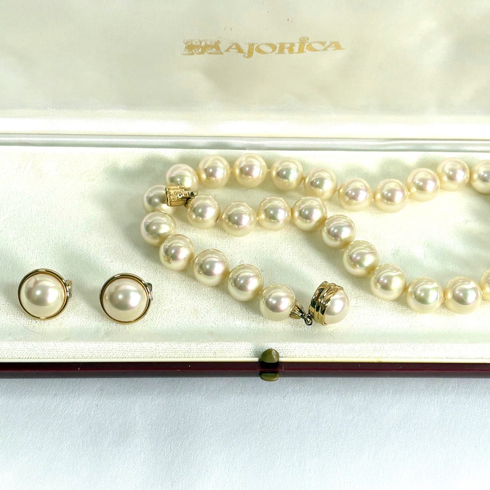 Vintage Majorica Pearl Necklace Earring Set Cream Gold Plated Sterling Clasp Box